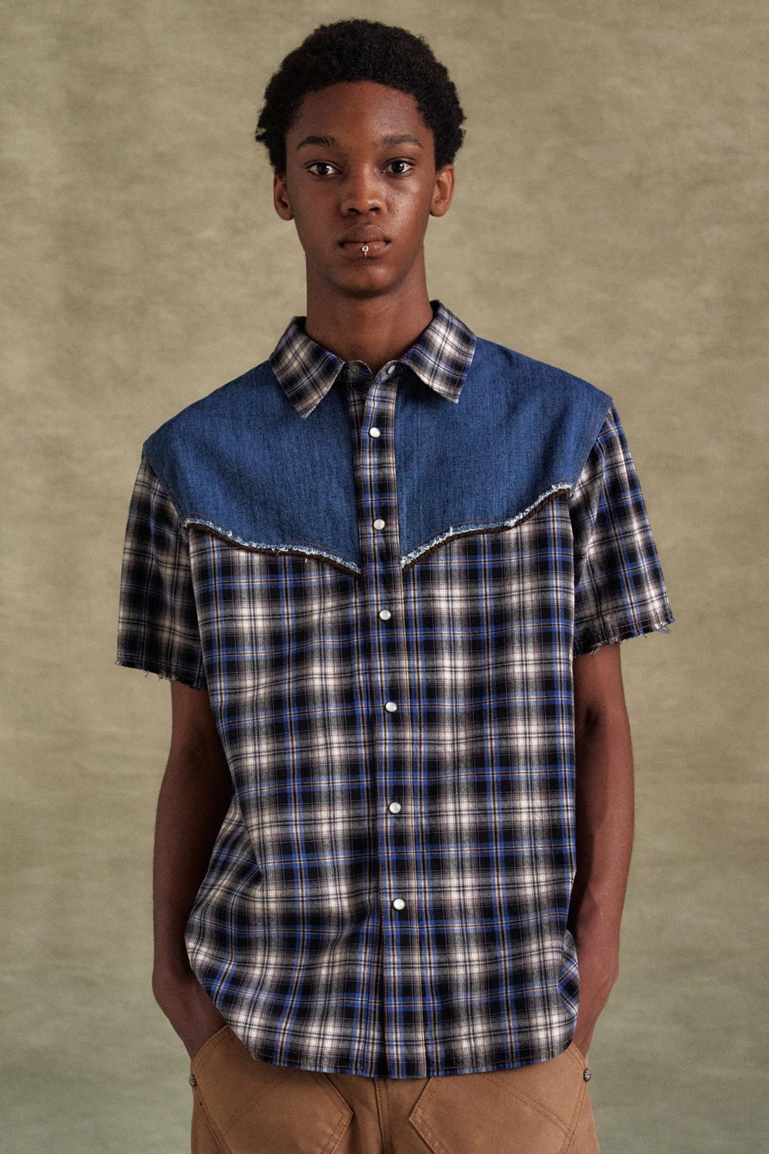 DENIM & CHECK RAW-CUT SHIRTS atb1283m(BLUE)