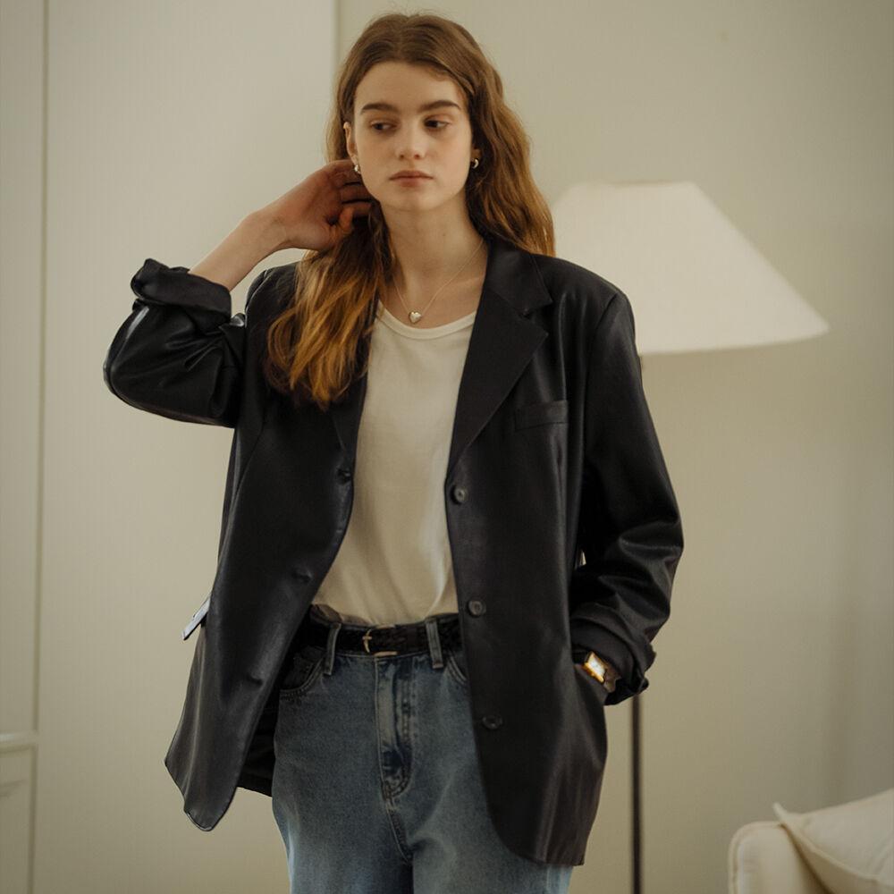 Eco leather classic three button single jacket_Black