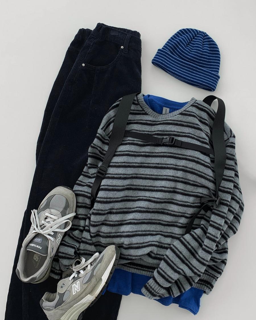 스트라이프 기모 티셔츠