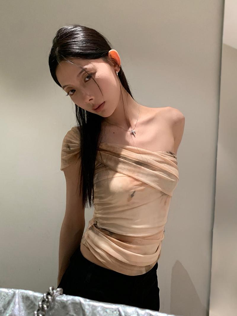 Flower Dyeing Printing Slant Shoulder Sleeveless