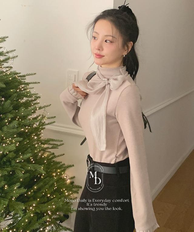 [회베이지 오늘출발🚚] [#.연말룩] [#.하객룩]  [New Arrival]  로어 리본 타이 티셔츠 (안감 전체 기모)
