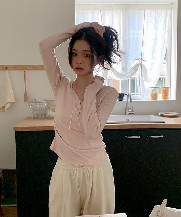 쇼퍼랜드 [일체형] 미뉴 레이스 레이어드 여리핏 버튼 티셔츠 (4color)