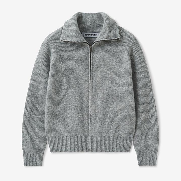 하이넥 울 블랜디드 리브 니트 집업_그레이