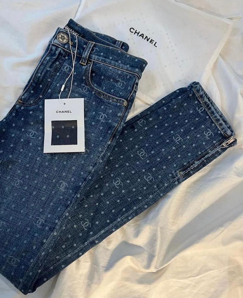 MARKET RHEMES ORDER [CHANEL] CC DOT PRINTED BLUE SLIM FIT DENIM PANTS 36