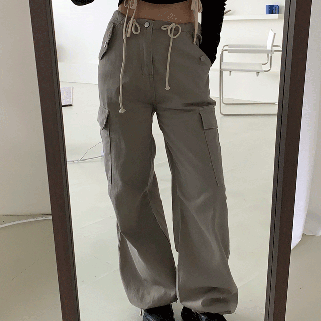 스트링 카고 조거 와이드 코튼 면 바지 롱팬츠