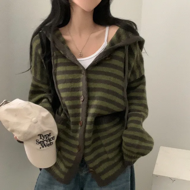[🍂/데일리룩] 뮤프 루즈핏 스트라이프 빈티지 후드 니트, 가디건 - 4color