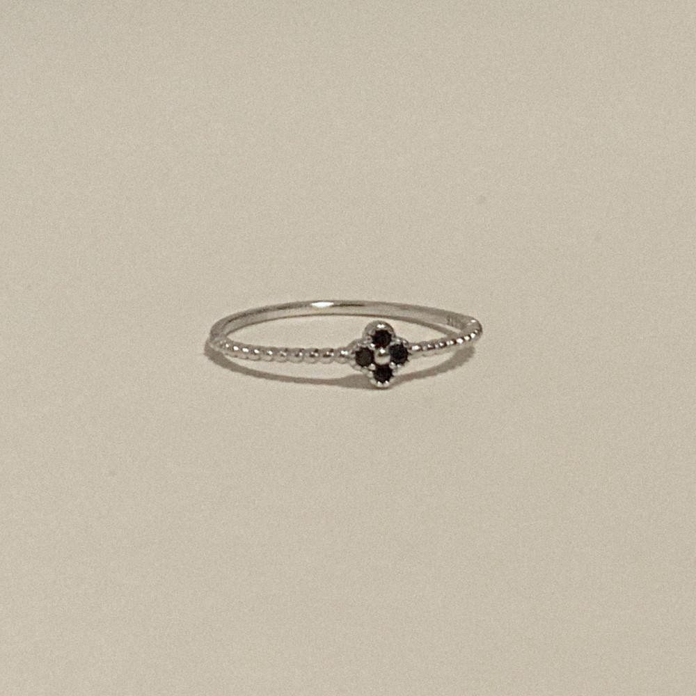 O214 실버 925 블랙 큐빅 클로버 빈티지 반지