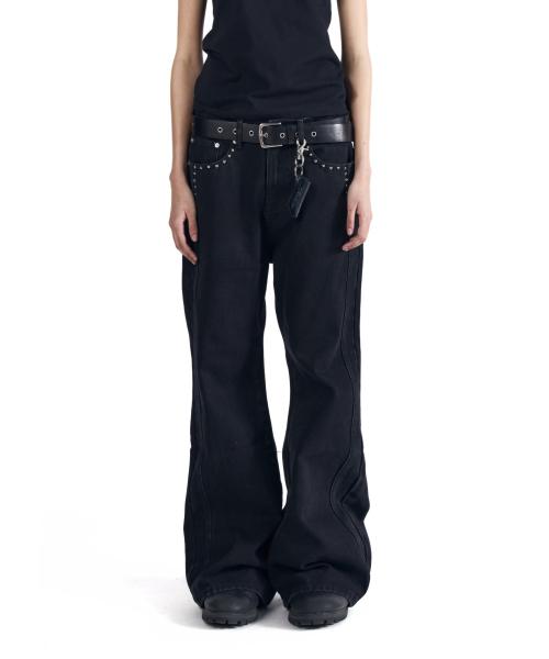 Back Studded Flare Denim Pants (Black)
