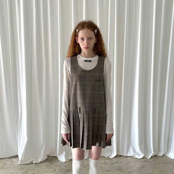 PFF GIRL Brown Checkered Ribbon Pleated Hem Strap Skirt