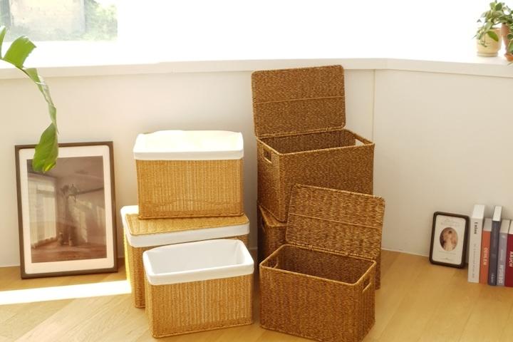 대형 덮개 PP 라탄바구니 수건바구니 보관함