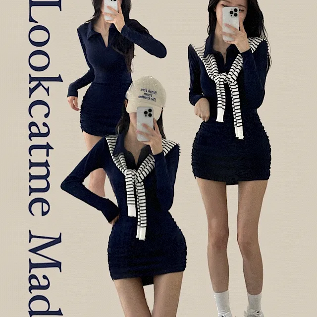 당일🚀[ MADE: 힙딥삭제, 숏,롱 ] 잇츠 카라 셔링 긴팔 미니 원피스