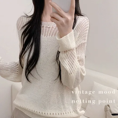 [살안타템!/여리여리~] 데미지 빈티지 펀칭 그물 시스루 루즈핏 긴팔 니트 (5color)
