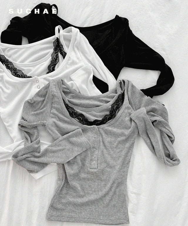 몸매보정/레이어드템💖레이스 레이어드 긴팔 티셔츠