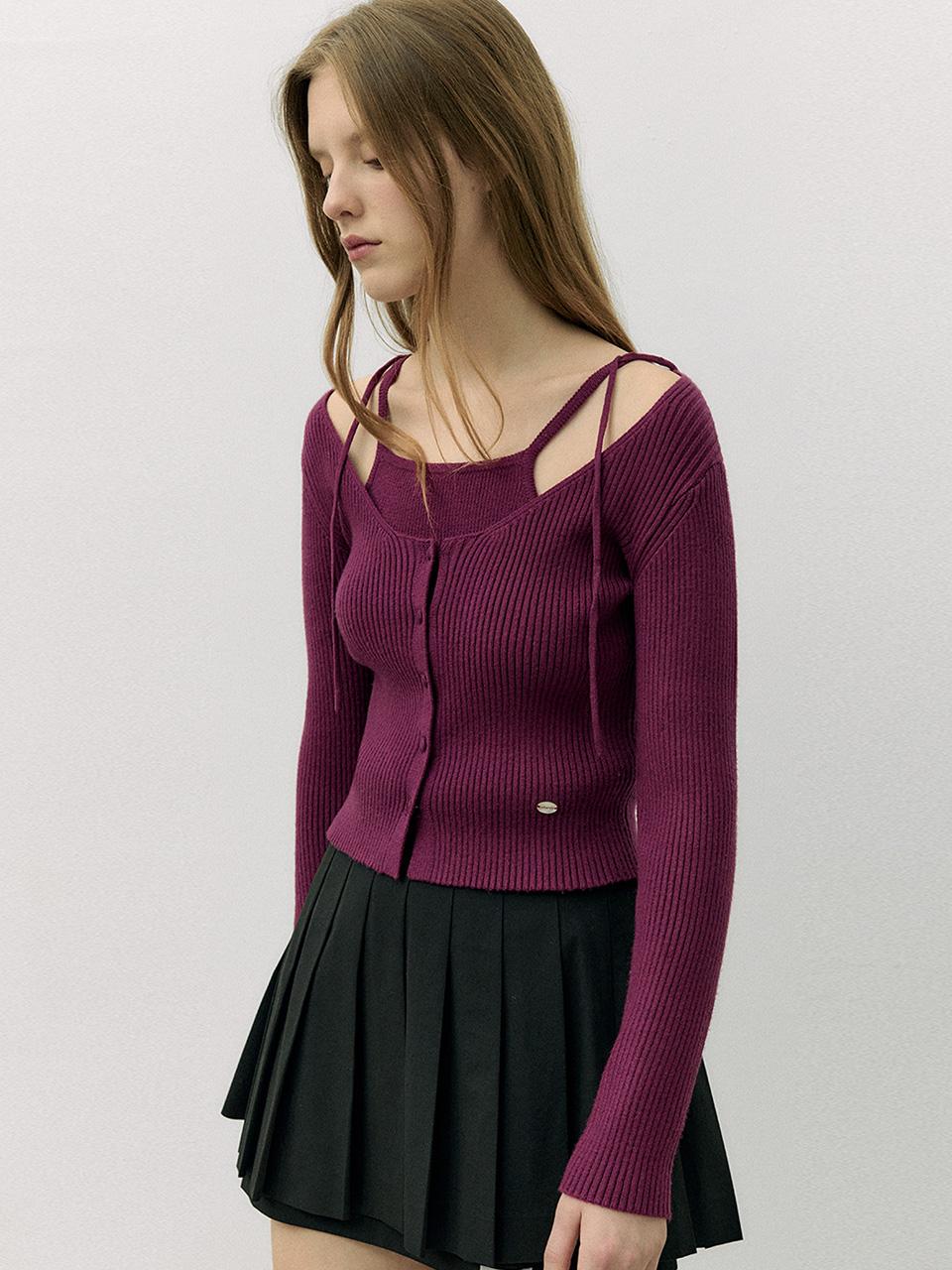 RIBBON SLEEVELESS CARDIGAN SET PURPLE