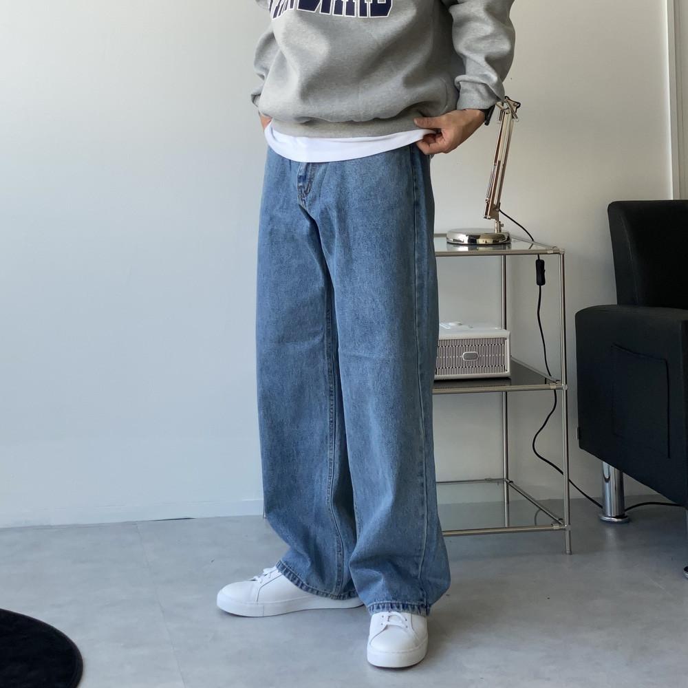 (남녀공용)Cv 연청 와이드 데님 팬츠 - 그룸 세미와이드 루즈핏 오버핏 청바지