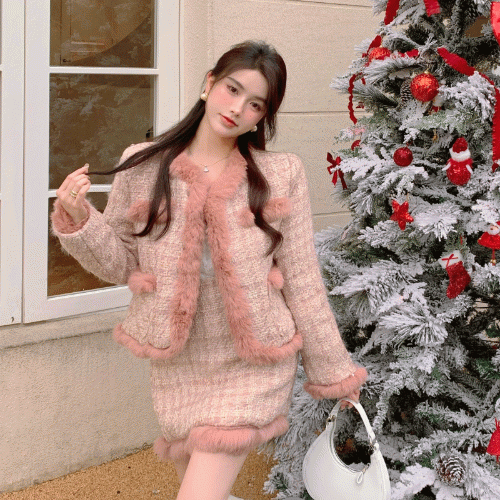 핑크 밍크 포인트 라인 모직 자켓 + 미니스커트 투피스 셋업 세트 겨울아우터 겨울신상 가을신상 여친룩 데이트룩 캐주얼룩 연말룩 크리스마스 파티룩 결혼식 하객룩 모임룩