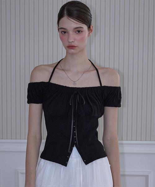 로제프란츠(ROSEFRANTZ)  Shirring Halter Off Shoulder T-shirt [Black] - 사이즈 & 후기 | 무신사