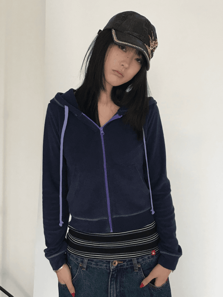 Miko esst Retro Sporty Terry Hooded Zip-Up