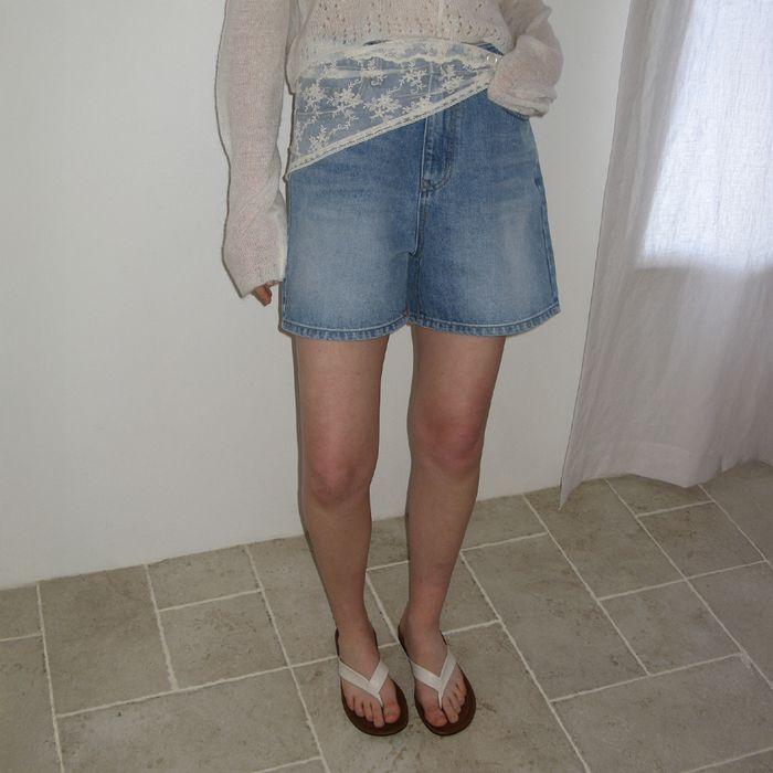 Washing Half Denim Pants - Middle Blue