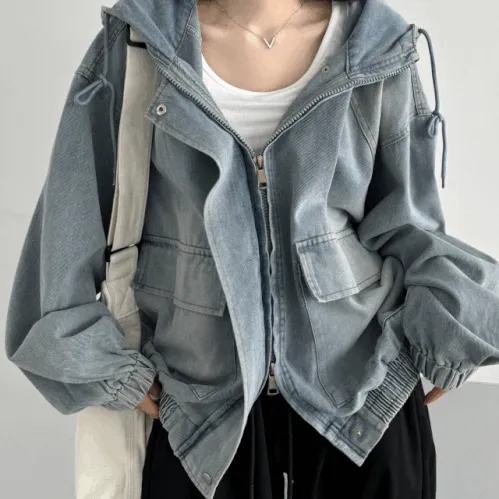 +겨울버전(보아털)🔥UNISEX/왕오버핏] 투웨이 데님 빅후드 오버핏 워싱 벌룬 데님자켓 집업 점퍼