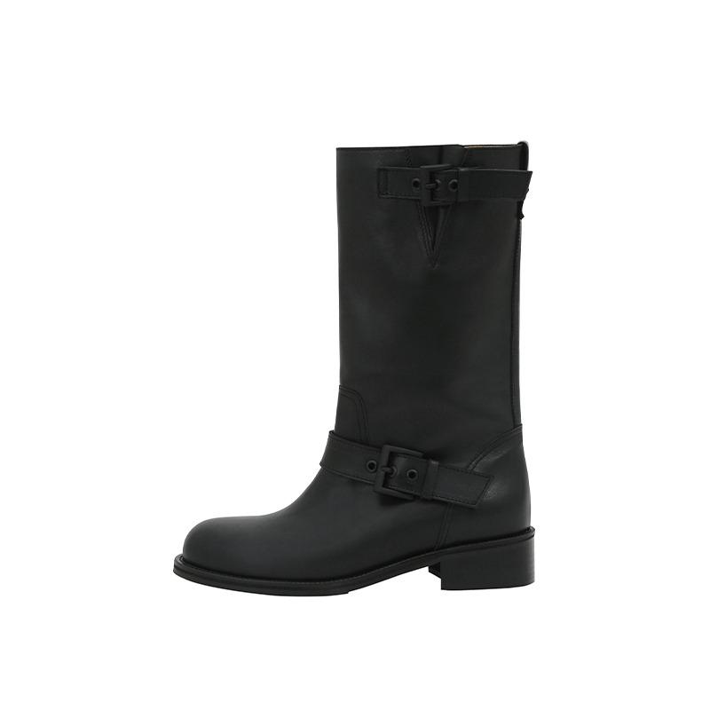 buckle middle boots - black