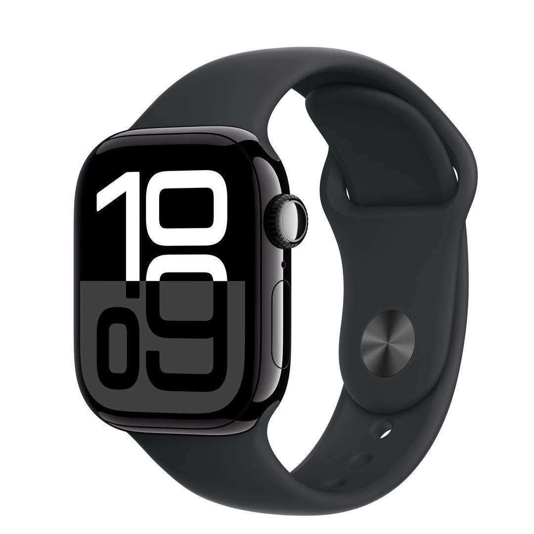 Apple Watch Series 10 GPS, 42mm 제트 블랙 알루미늄 케이스, 그리고 블랙 스포츠 밴드 - S/M