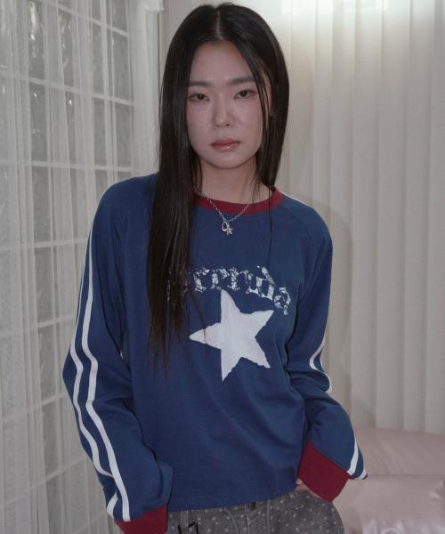 STAR CUT-OFF COLORING RAGLAN LONG SLEEVE DEEP BLUE
