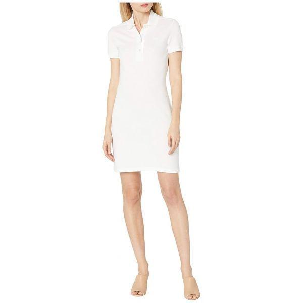 여성 숏 슬리브 슬림 핏 스트레치 피케 폴로 드레스 화이트