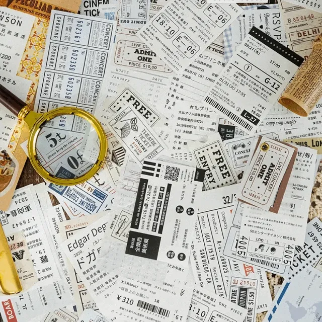 [1+1할인] 60장 덕후의 쇼핑목록 영수증 보딩패스 빈티지메모지 빈티지 다꾸 다이어리꾸미기 메모지 떡메 떡메모지 라벨 배경지 콘서트 공연 뮤지컬 티켓 인테리어 소품