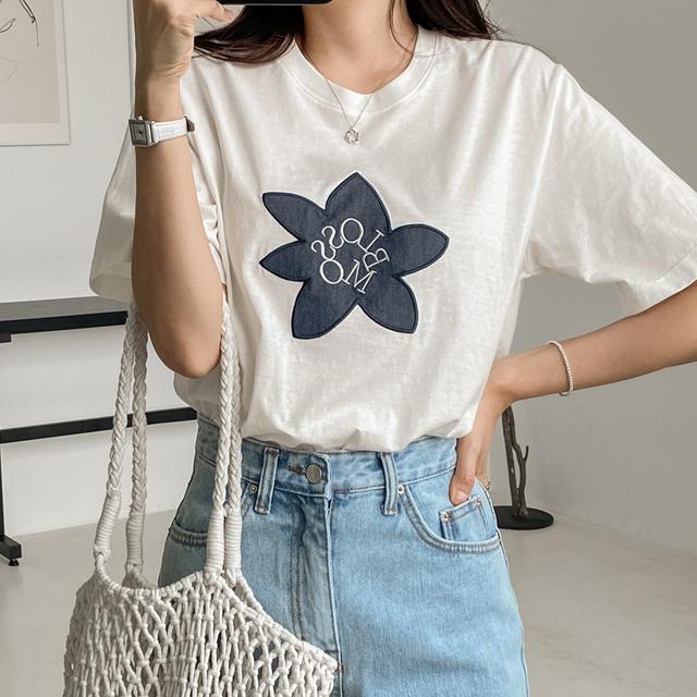 [부들촉감/ONLY시라] 데님 패치 반팔 티