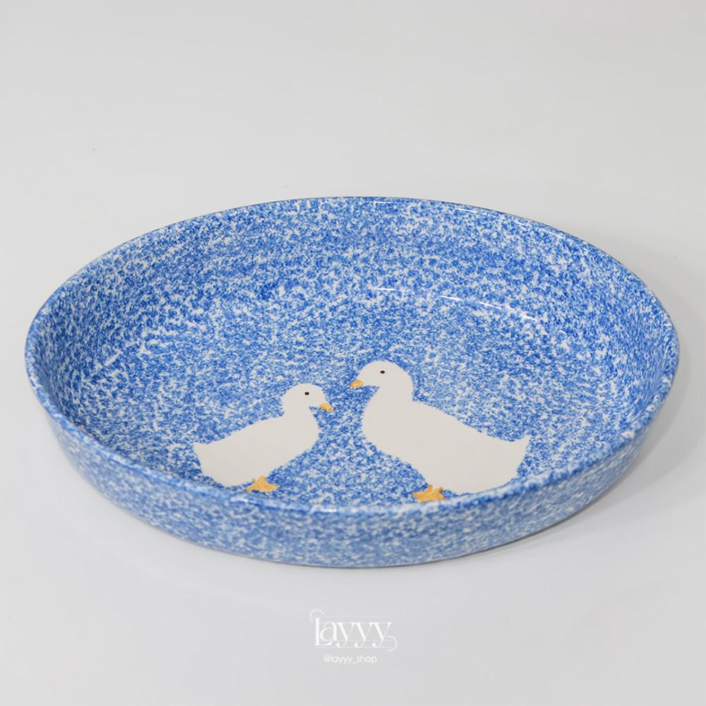 로스앤젤레스 포터리 블루 스폰지 웨어 오리 오발 베이커 도자기 대용량 볼