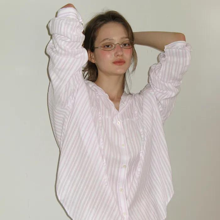 SOFT EYELET HOODED LOOSE FIT BLOUSE PINK STRIPE