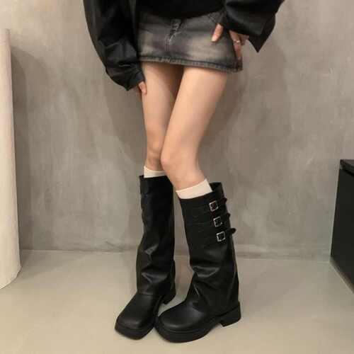 바이리브 워머부츠 버클스트랩 청키 통굽 바이커 셔링 폴딩 미디 미들 롱 부츠 4cm