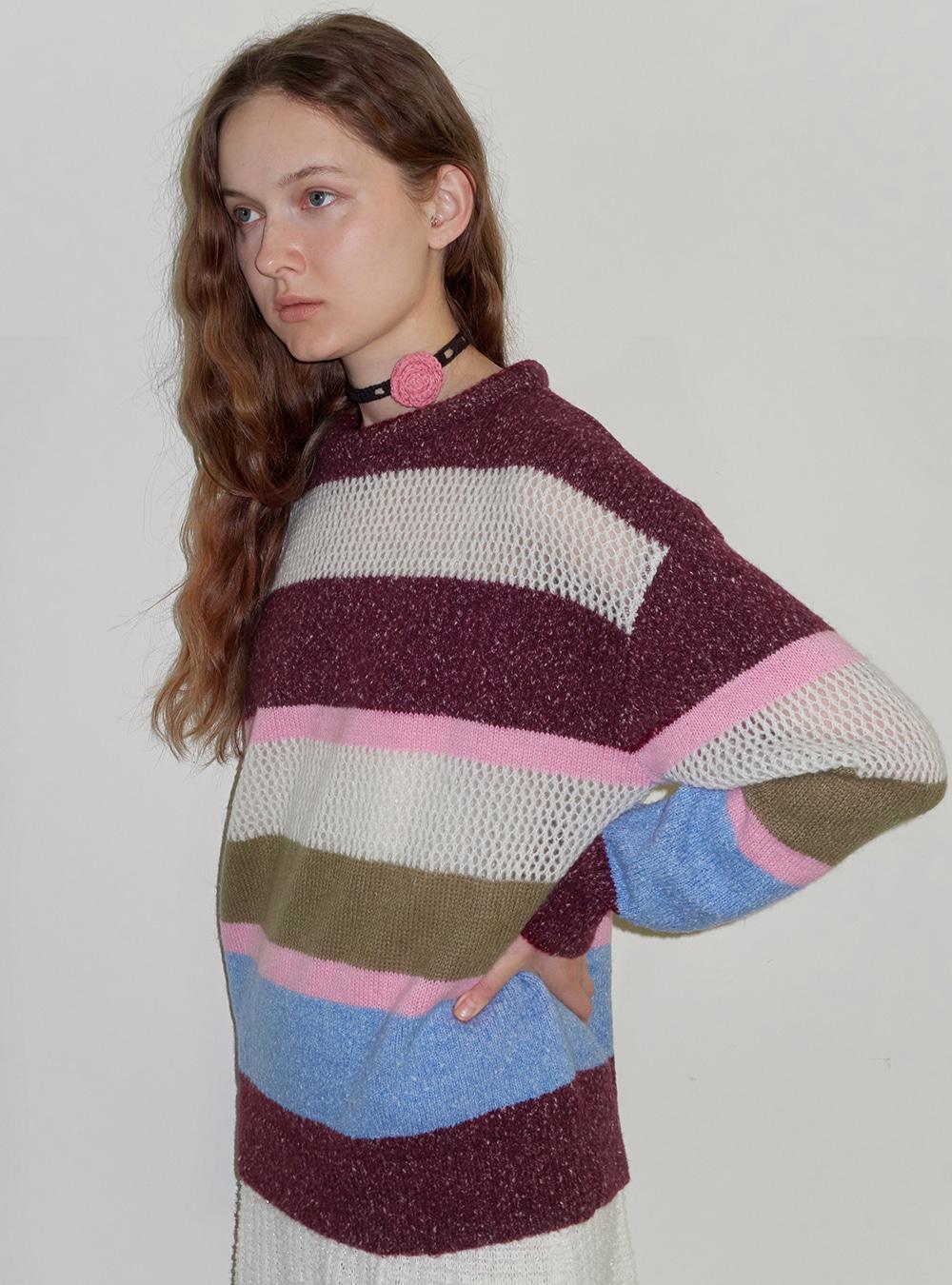 Stripe knit sweater. Wine
