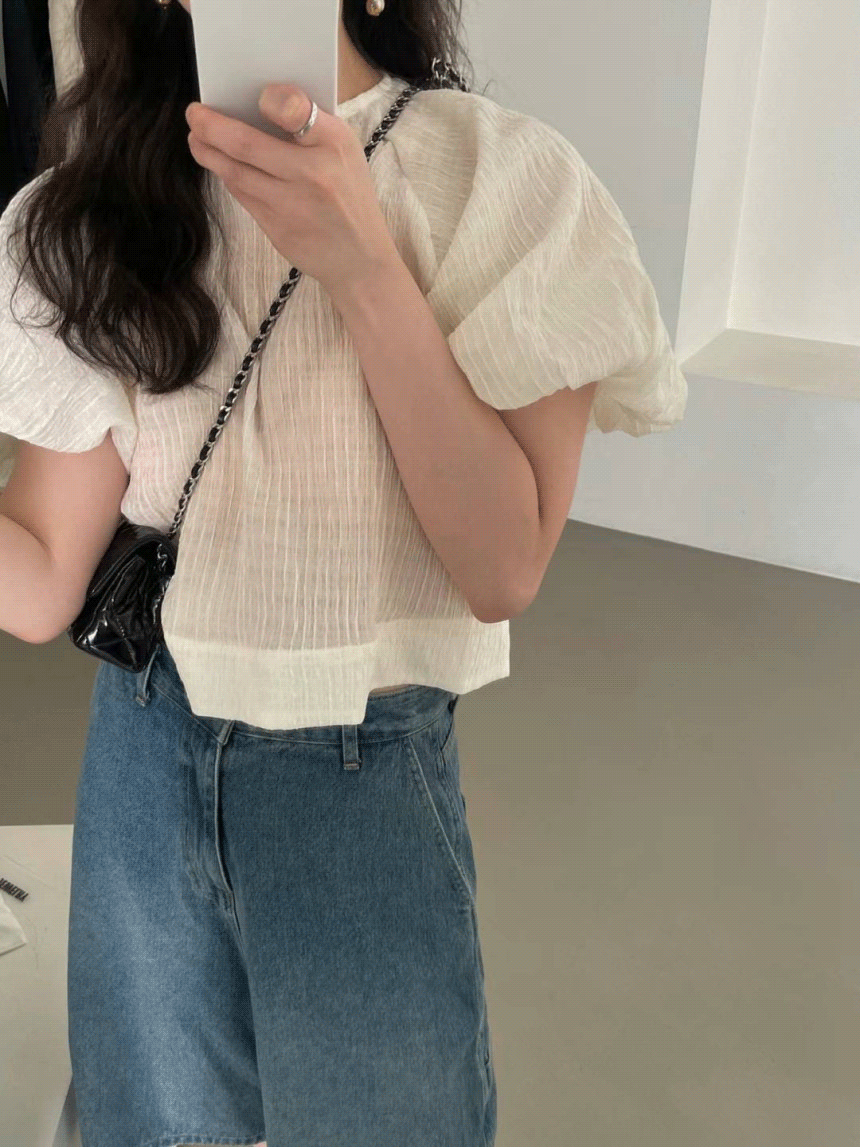 샵보애 basket 바스켓 슈가 블라우스 시스루 소매 퍼프 크롭 블라우스 bl (3col)