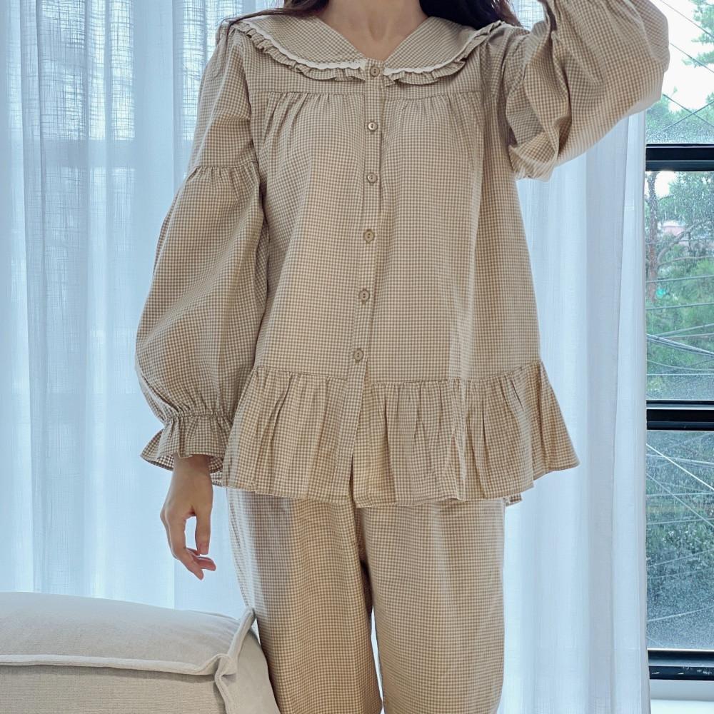 커플잠옷 여성홈웨어 순면 피치기모 베이지 깅엄체크 프릴 레이스 세일러카라넥 파자마