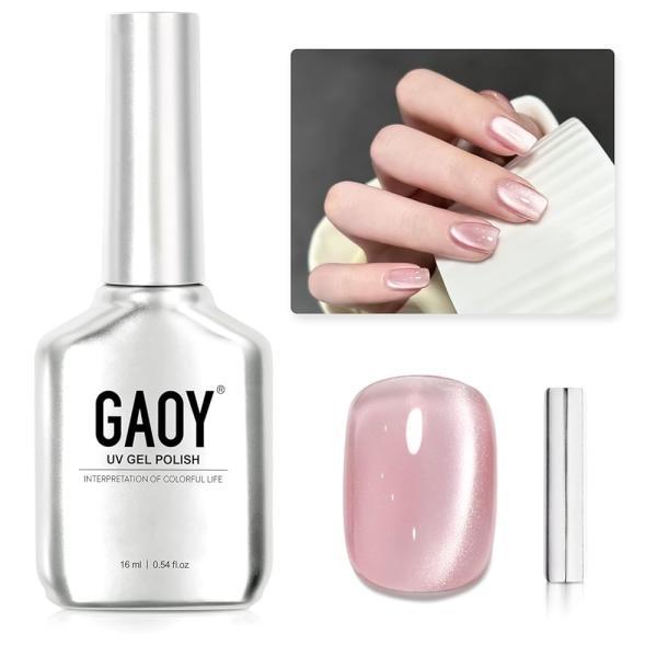 GAOY Pink Glassy 캣아이 젤 매니큐어, 16ml 글리터 홀로그램 매니큐어, 자석 포함, 반사 반투명 UV 젤, 2333 라이트 로즈