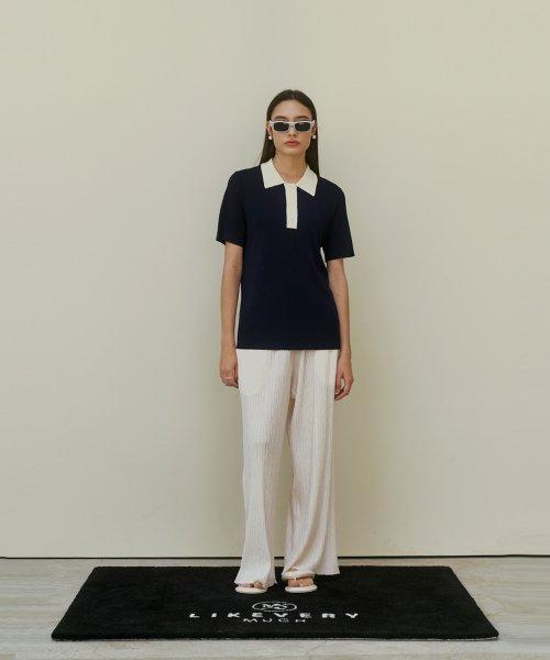 카라 배색 니트 네이비