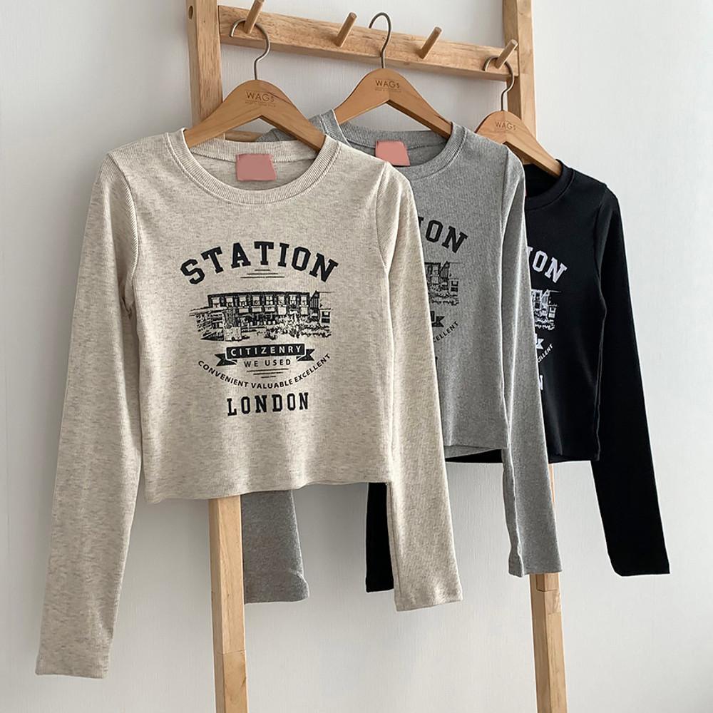 크롭 골지 스판 런던 프린팅 긴팔 티셔츠