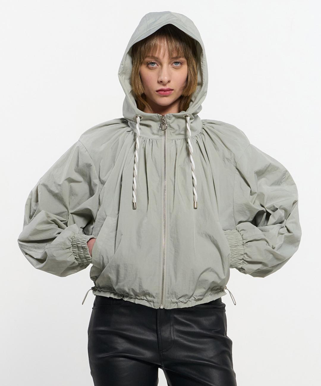 Neck Shirring Hooded Windbreaker _ GREY