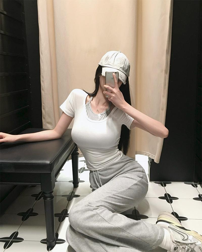 베이델리 [MADE/4color]일체형 홀터 레이어드 반팔 티셔츠