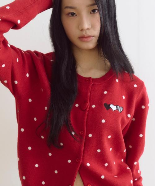 Heart Button Point Cardigan Red