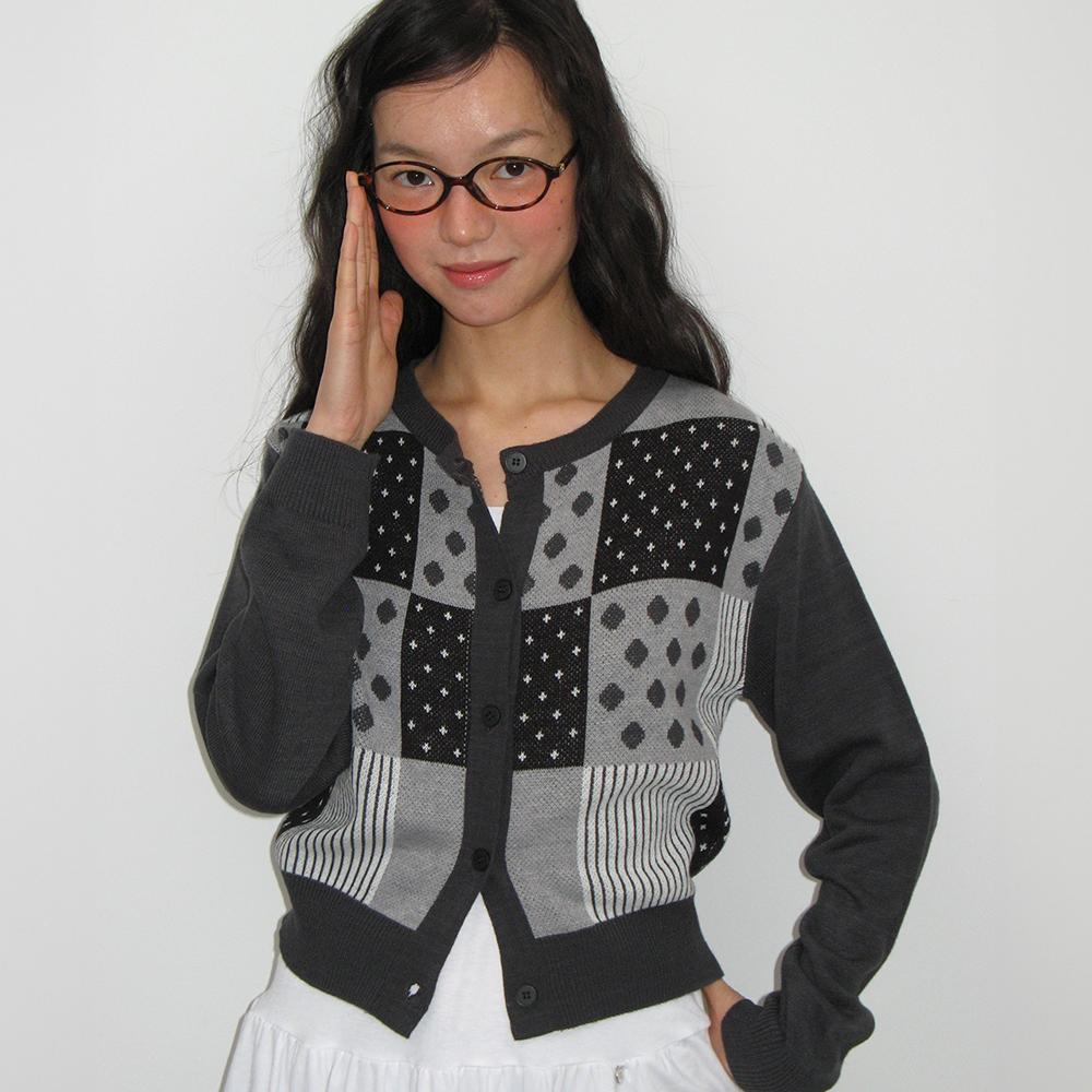 DOT STRIPE MIX KNIT CARDIGAN DARK GREY