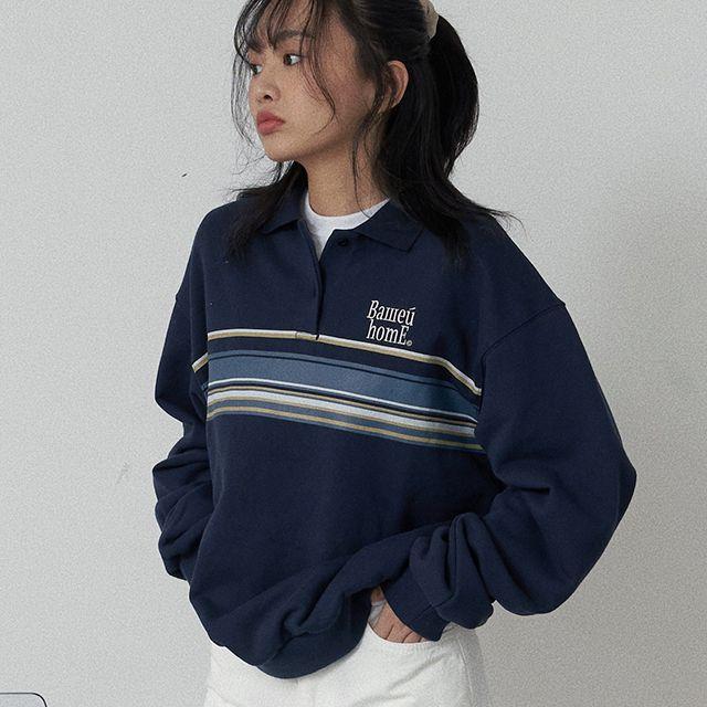 스트라이프 폴로 스웻셔츠 네이비 쭈리