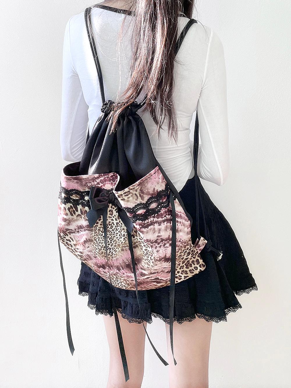 [8/4이후발송] [Limited] Leopard Tie-Dye Ribbon Lace String Bag (Pink)