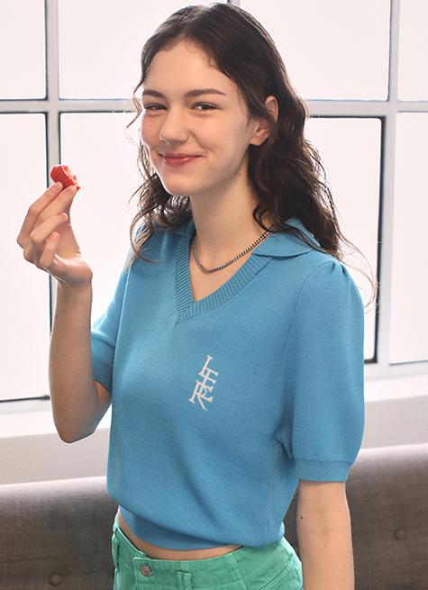 JACQUARD COLLAR V-NECK HALF KNIT_OCEAN BLUE