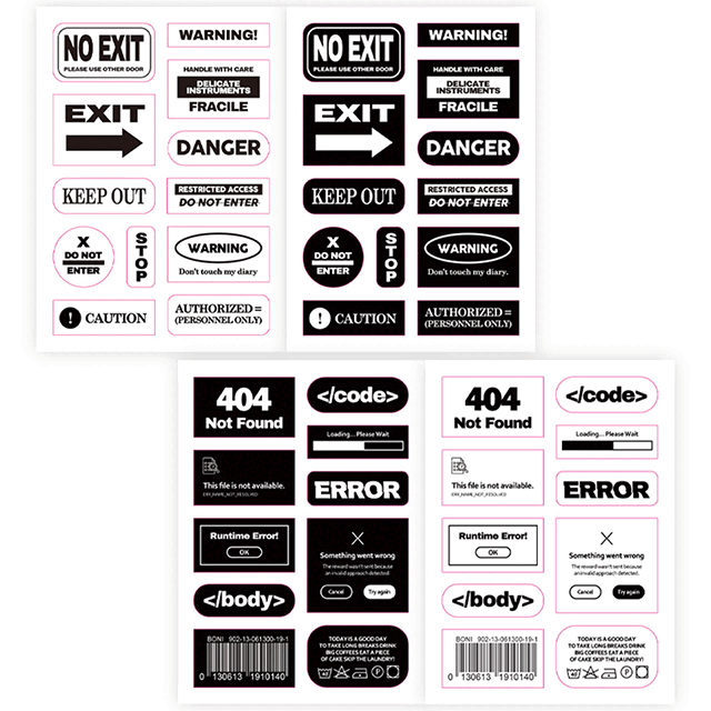 [4장세트] 에러 경고 위험 스티커 세트 / 레터링 폰꾸 다꾸 스크랩북 다이어리 스티커