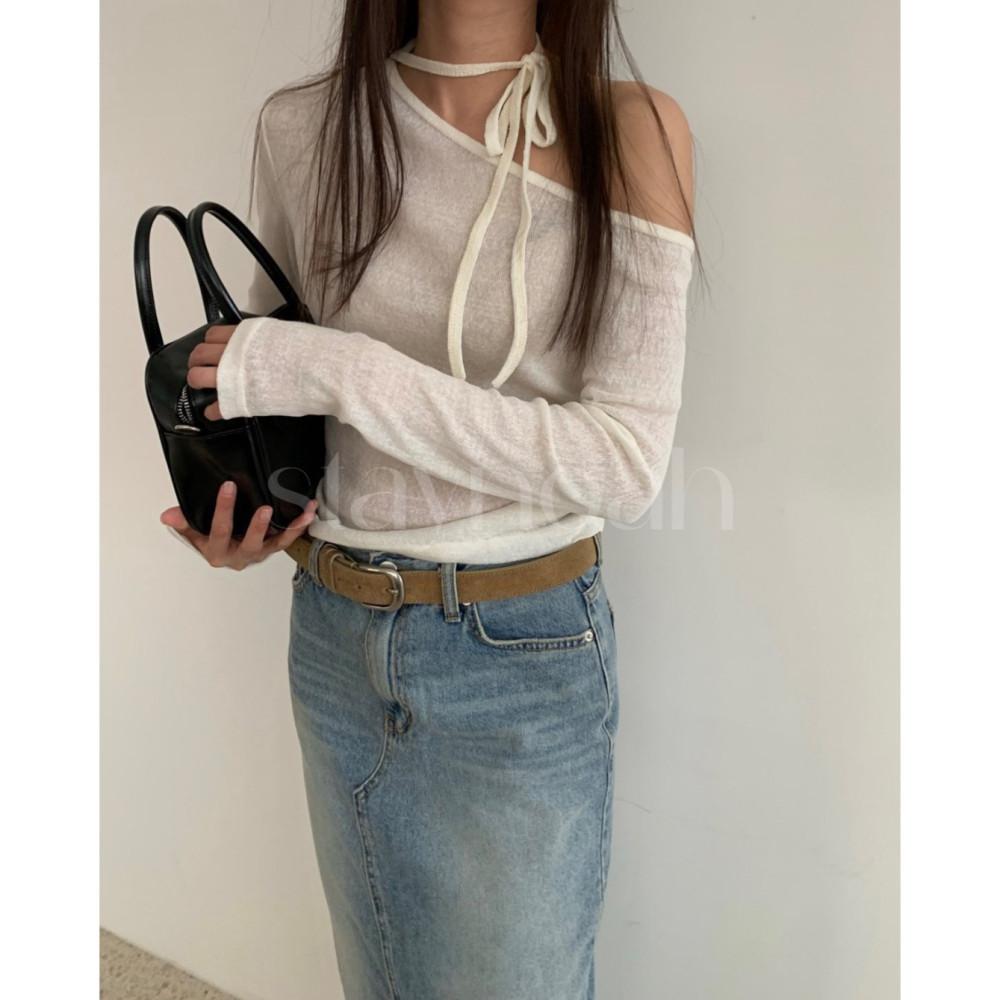 meetme 미트미 끈 오프 티셔츠 타이 오프숄더 긴팔 t (3c)