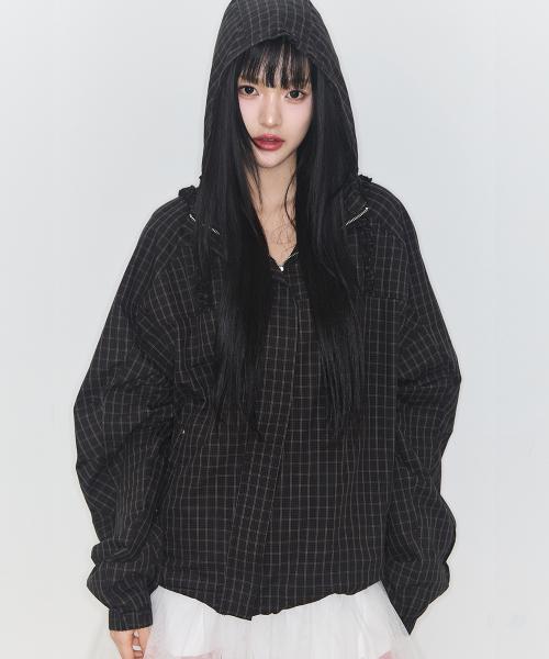 오블리크 프릴 후드 자켓 체크 그린