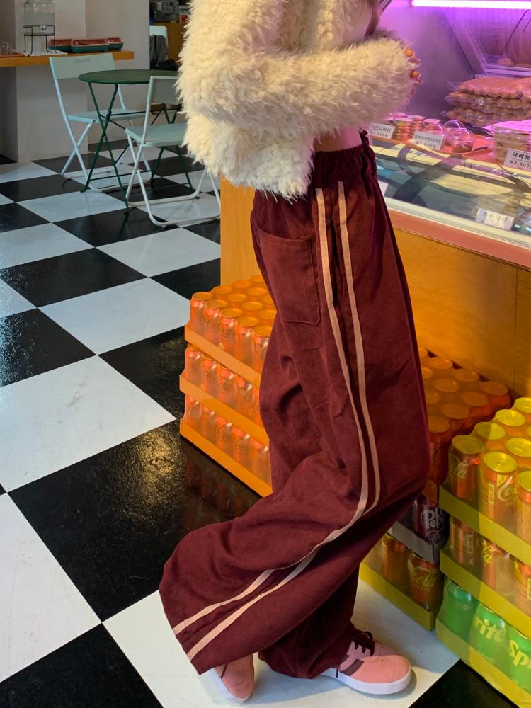 여자 골덴 코듀로이 배색 컬러 사이드 투 라인 와이드 팬츠